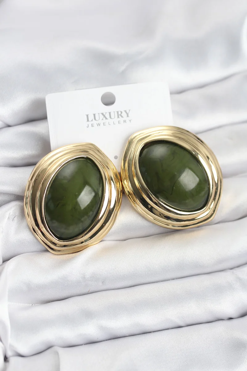 Pirinç Yeşil Badem Model Vintage Gold Kadın Küpe
