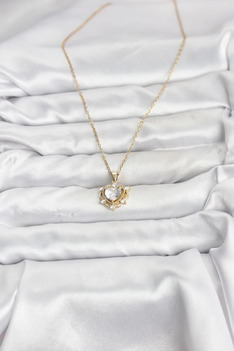 316L Çelik Zincir Gold Renk Kalp Model Zirkon Taşlı Kadın Kolye