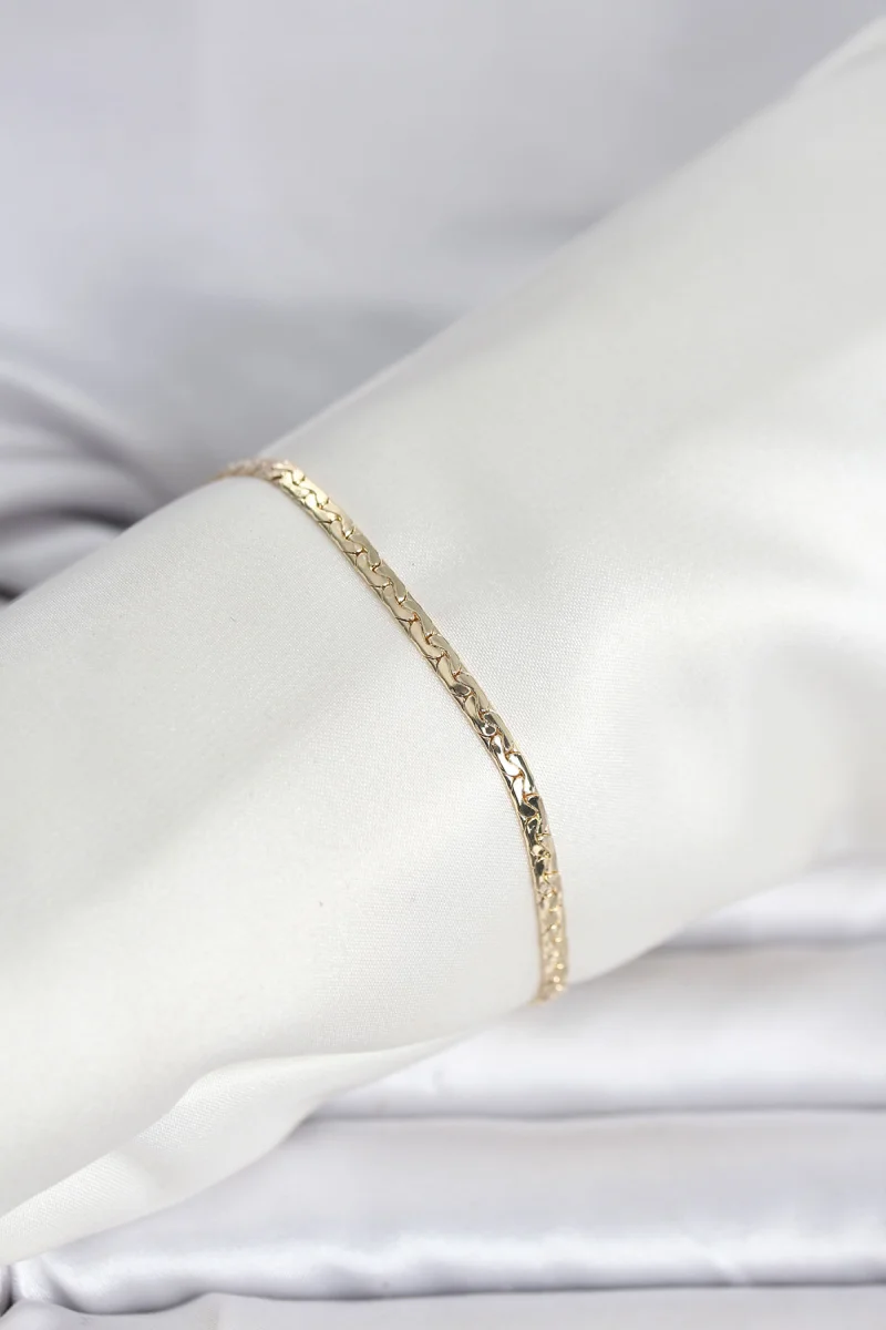 CM 14K Gold Renk Yassı Ezme Zincir Model Kadın Bileklik
