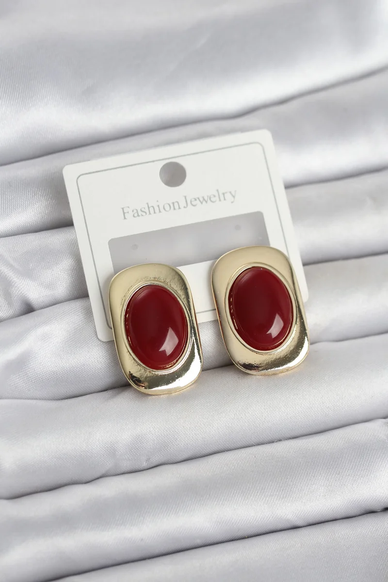 Bordo Renk Kare Model Vintage Kadın Küpe