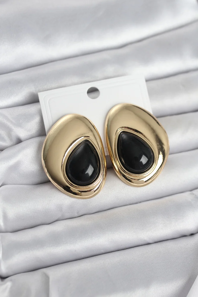 Pirinç Gold Renk Siyah Taşlı Damla Model Vintage Kadın Küpe