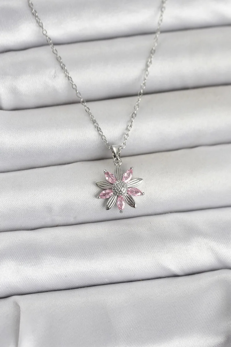 316L Çelik Zincir Gümüş Renk Pembe Papatya Model Kadın Kolye