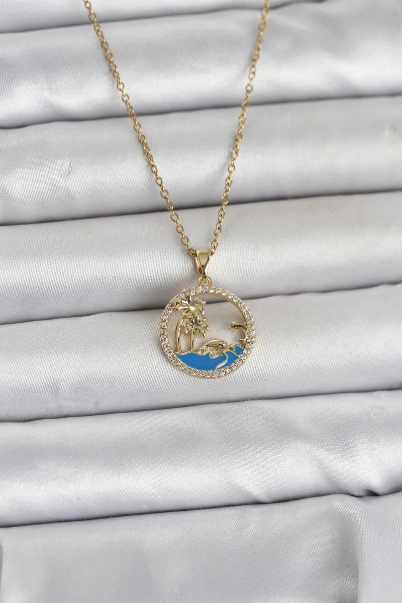 316L Çelik Zincir Gold Renk Zirkon Taşlı Deniz Temalı Kadın Kolye