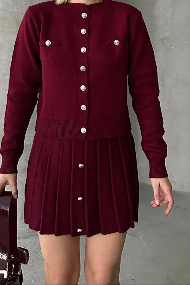 Kadın Triko Mini Etek Hırka Takım – Bordo