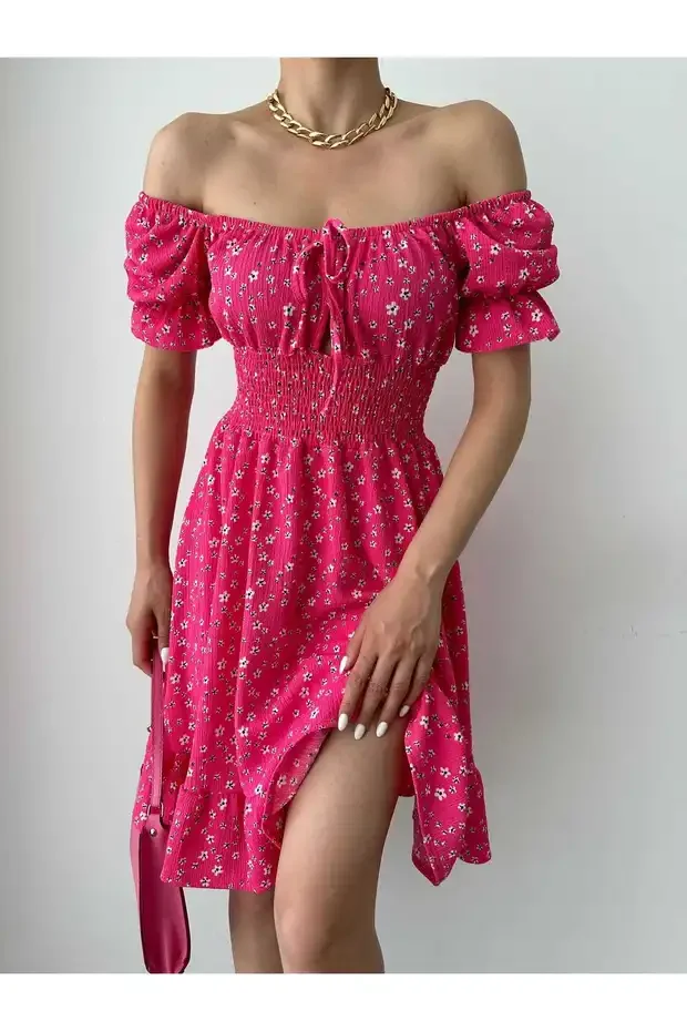 Kayık Yaka Gipeli Bürümcük Mini Elbise – Pembe