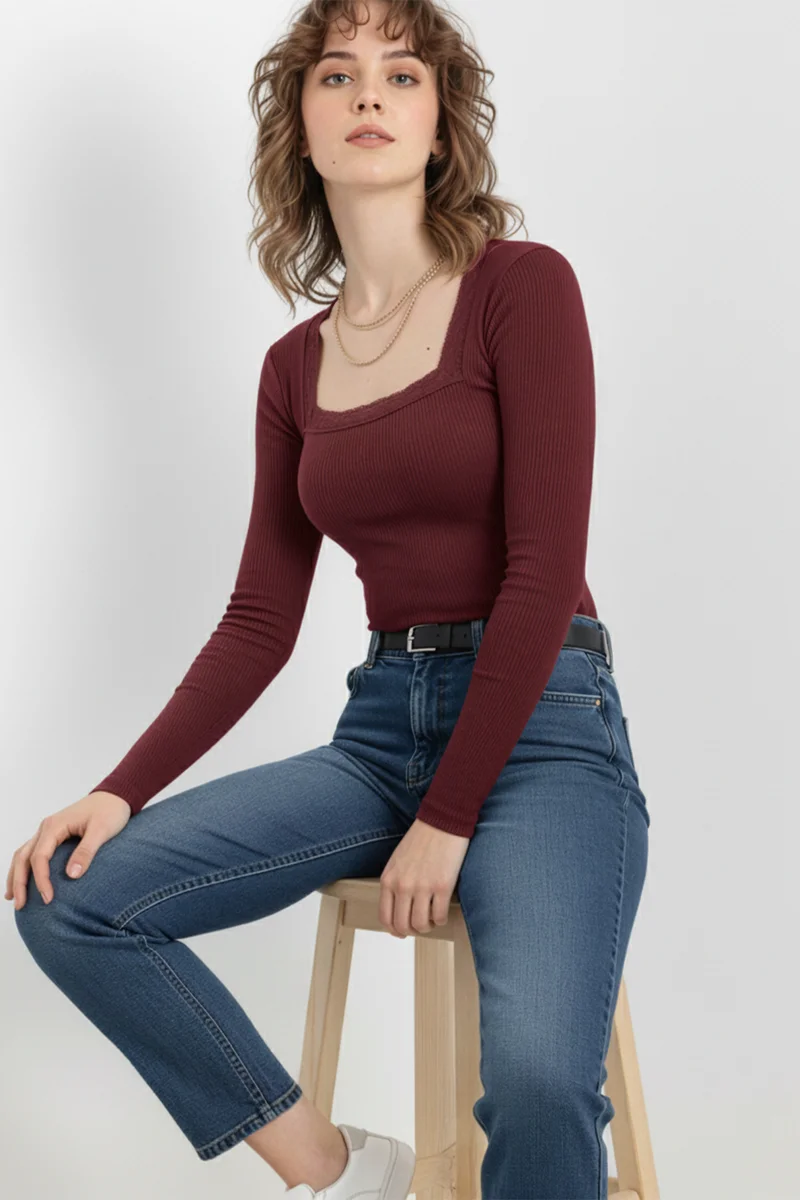 Kare Yaka Dantelli Kaşkorse Bluz -  Bordo