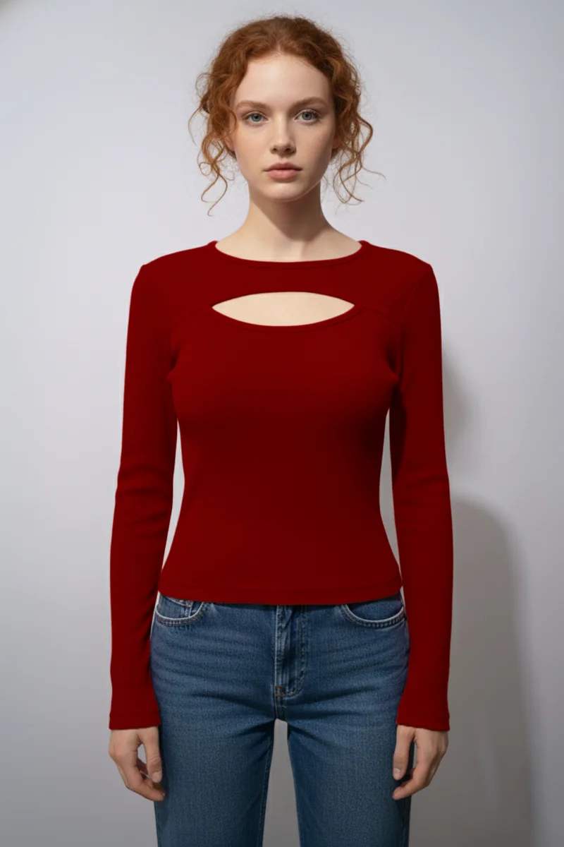 Balıkçı Yaka Cut Out Kesimli Fitilli Kaşkorse Bluz – Kırmızı