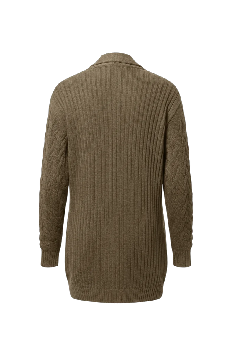 Kadın Kahve Uzun Oversize Triko Hırka – Burgulu Örgü Desenli