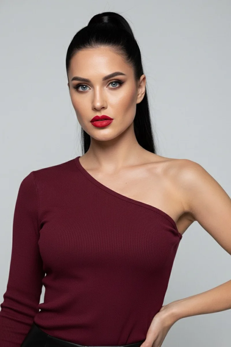 Bordo Tek Omuz Uzun Kollu Kaşkorse Kadın Bluz