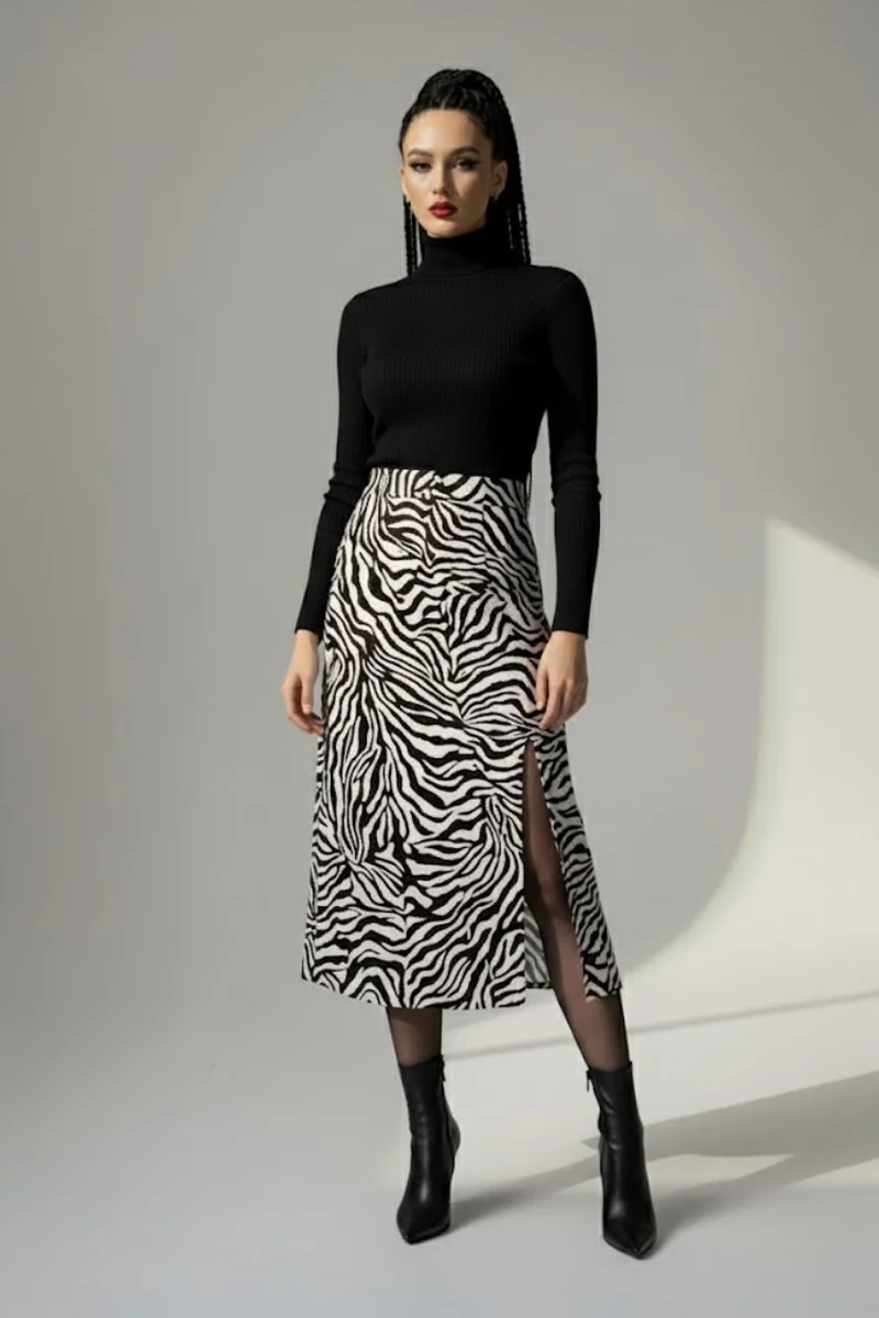 Kadın Zebra Desen Midi Boy Etek