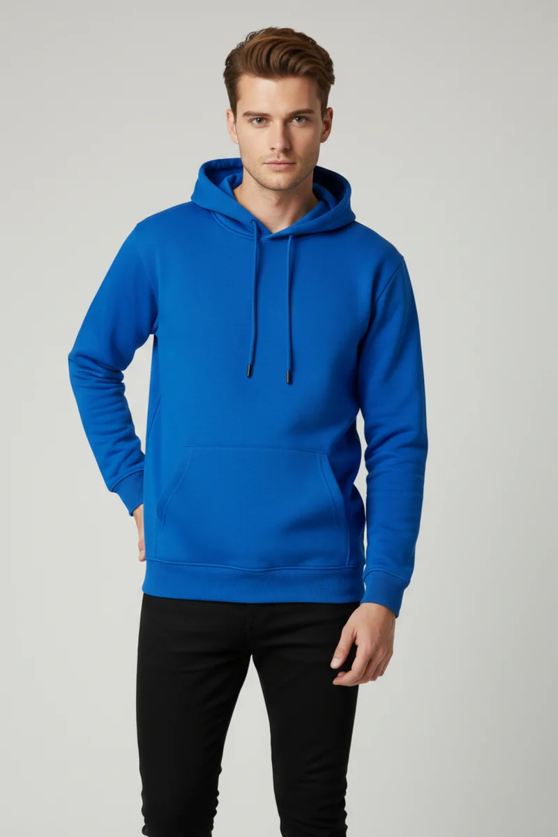 Erkek Üç İplik Kalın Mavi Kapüşonlu Sweatshirt