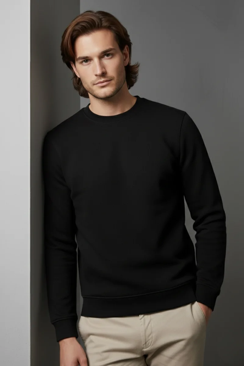 Unisex Kışlık Siyah Üç İplik Şardonlu Kalın Bisiklet Yaka Basic Sweatshirt