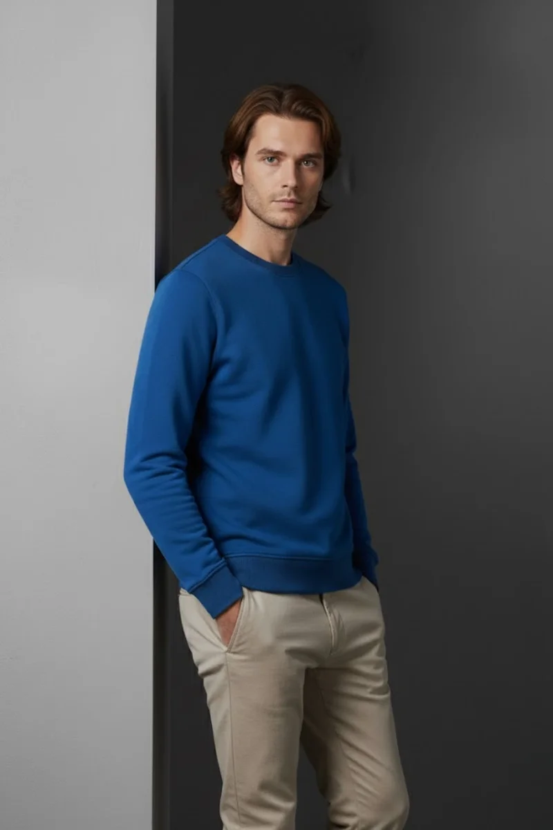 Unisex Kışlık Saks Mavi Üç İplik Şardonlu Kalın Bisiklet Yaka Basic Sweatshirt