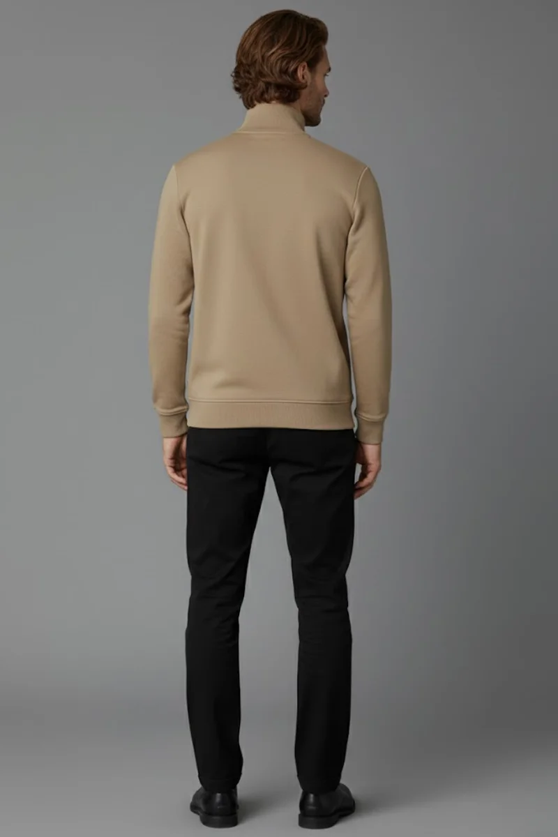 Unisex Kışlık Açık Kahve Yarım Fermuarlı Dik Yaka 2 İplik Basic Sweatshirt