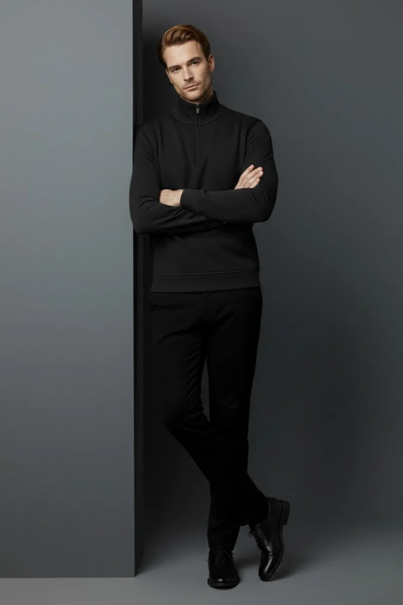 Unisex Kışlık Siyah Yarım Fermuarlı Dik Yaka 2 İplik Basic Sweatshirt