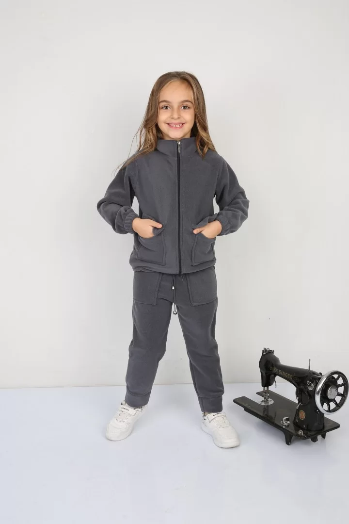 Tıraşlı Polar Lastik Bağcıklı Çift Cep Günlük Kız Çocuk Takım