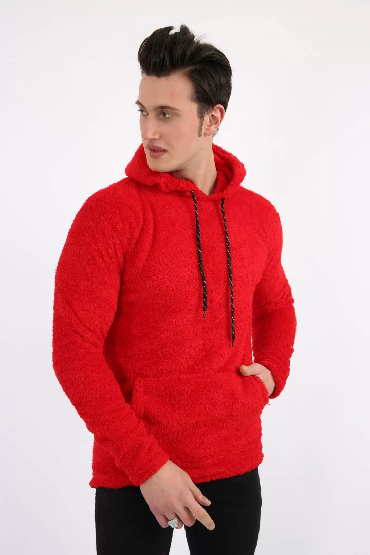 Kapşonlu Kanguru Cepli Erkek Günlük Pelüş Sweatshirt