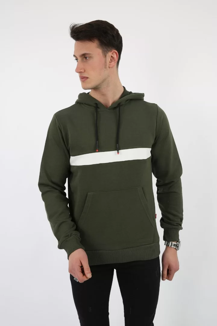 Üç İplik Kapşonlu Kalın Çizgili Kanguru Cepli Erkek Günlük Sweatshirt