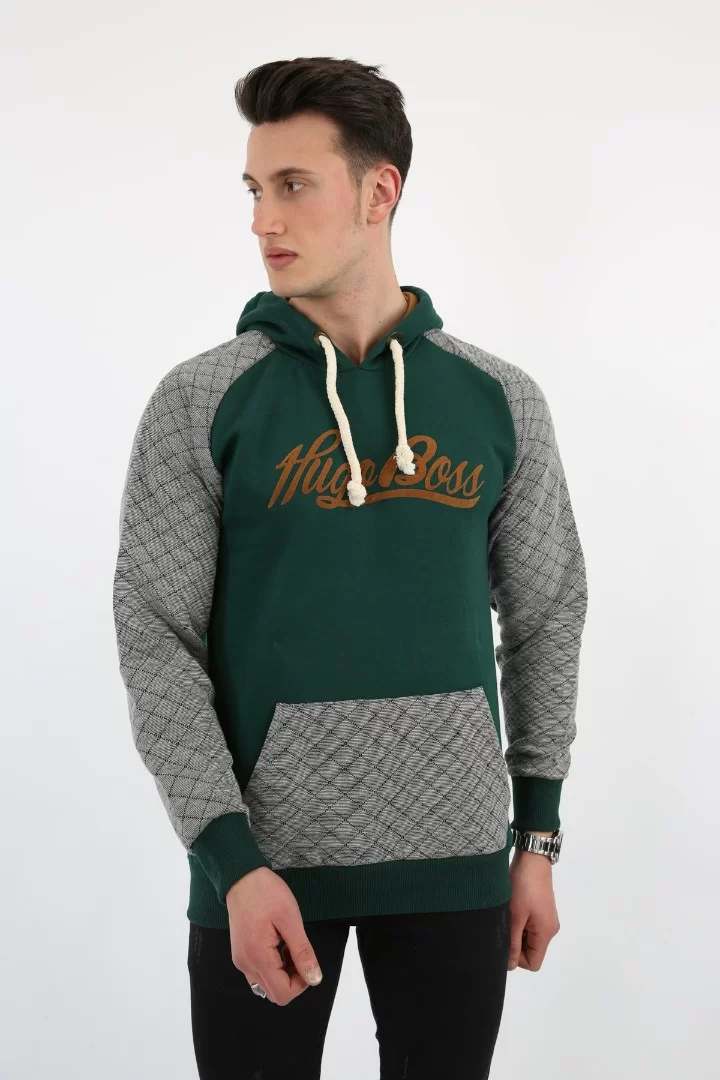 Üç İplik Şardonlu Kapşonlu Kanguru Cepli Baskılı Erkek Günlük Sweatshirt