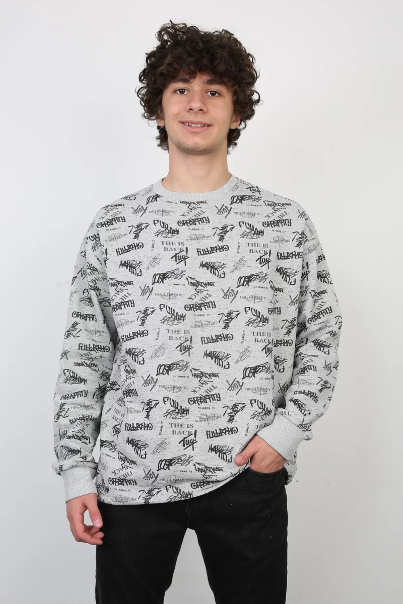 İki İplik Yazı Baskılı Oversize Erkek Günlük Sweatshirt