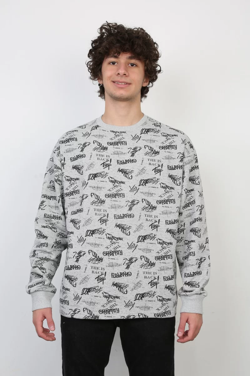 İki İplik Yazı Baskılı Oversize Erkek Günlük Sweatshirt