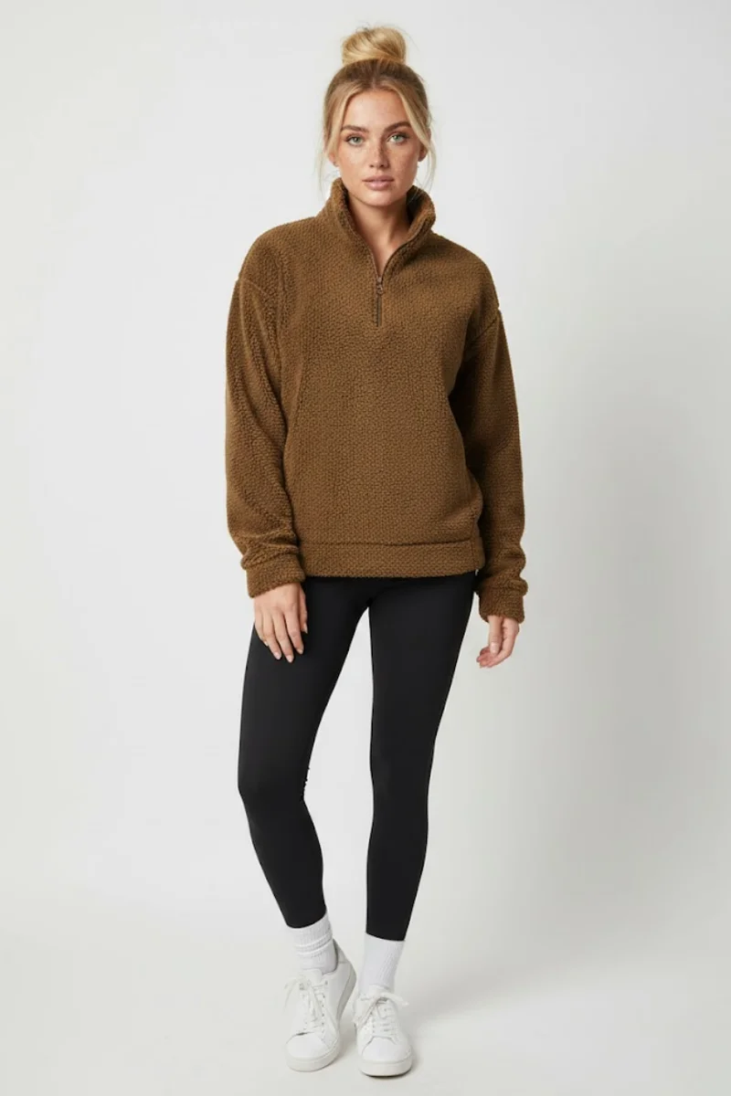 Kadın Kahverengi Yarım Fermuarlı Peluş Polar Sweatshirt - Kışlık Yumuşak Sıcak Tutan Kazak