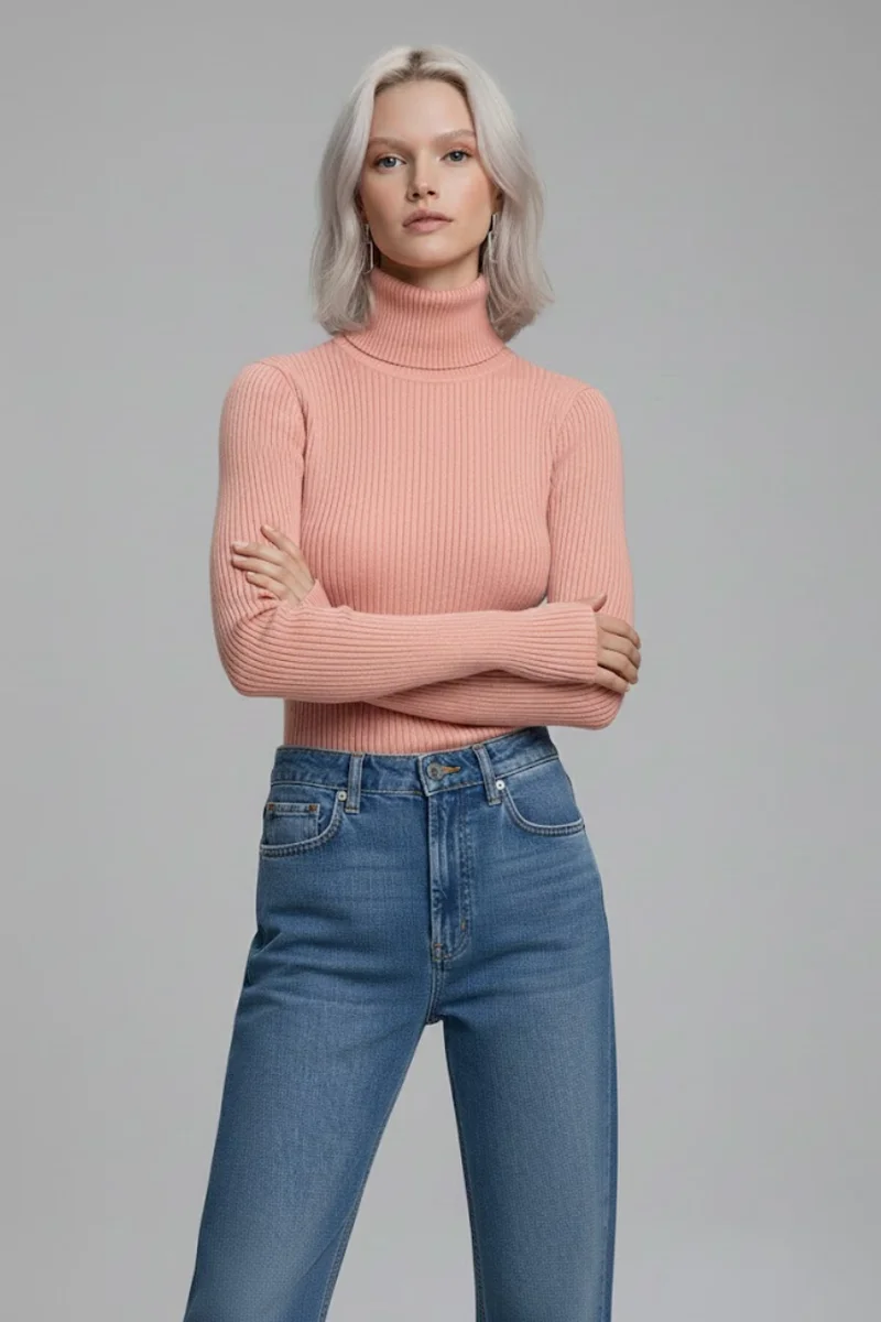 Kadın Pudra Pembe Tam Boğazlı Fitilli Triko Kazak - Yumuşak Dokulu Kışlık Slim Fit Örme Bluz