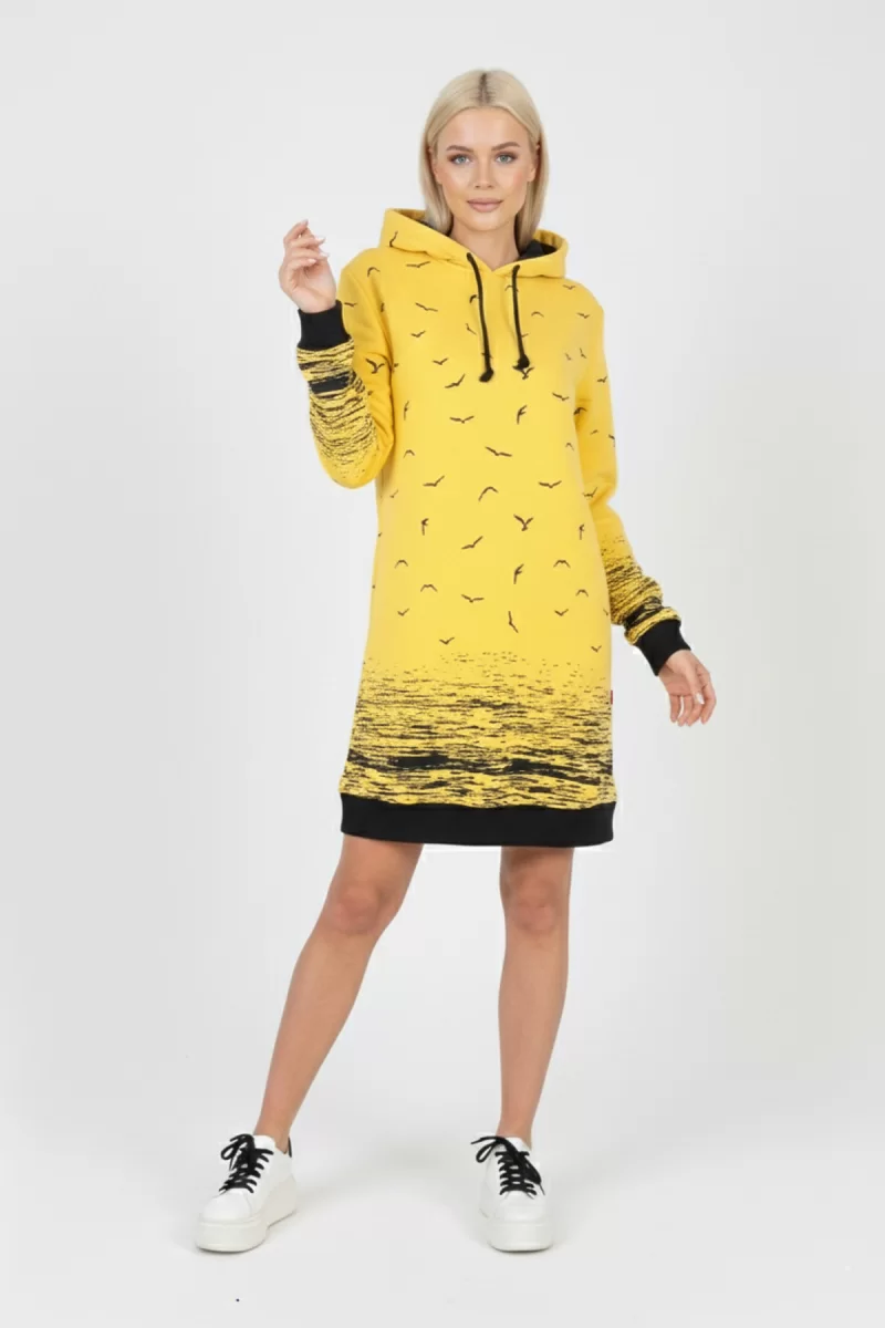 Kadın Sarı Martı Desenli Kapüşonlu Cepli Uzun Kollu Jakarlı İnterlok Penye Sweatshirt Elbise
