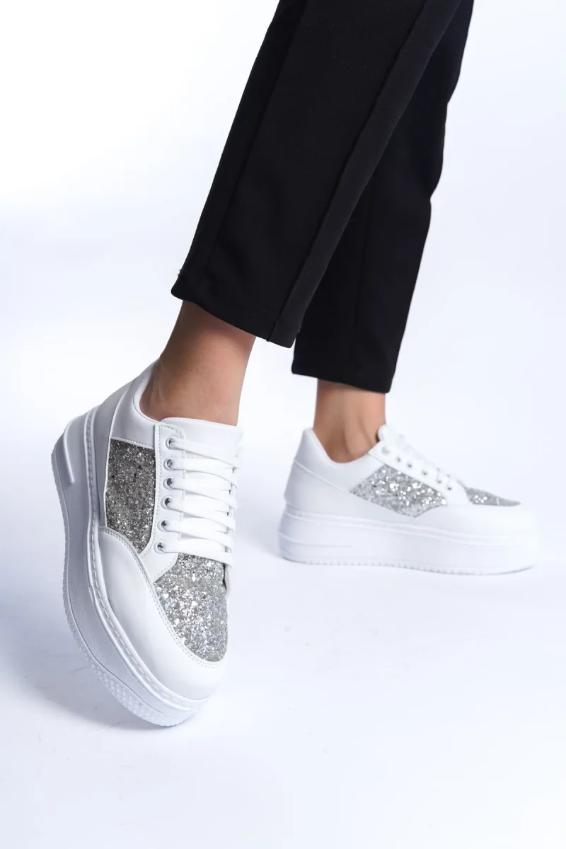 MIPA Bağcıklı Ortopedik Taban Simli Kadın Sneaker Spor Ayakkabı  CBT - Beyaz