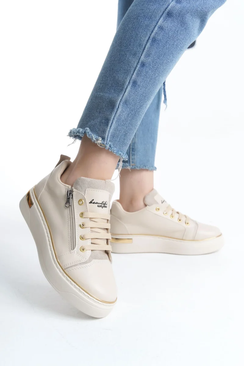 DINA Bağcıklı Fermuarlı Ortopedik Taban Kadın Sneaker Spor Ayakkabı  CKT - Krem/Altın