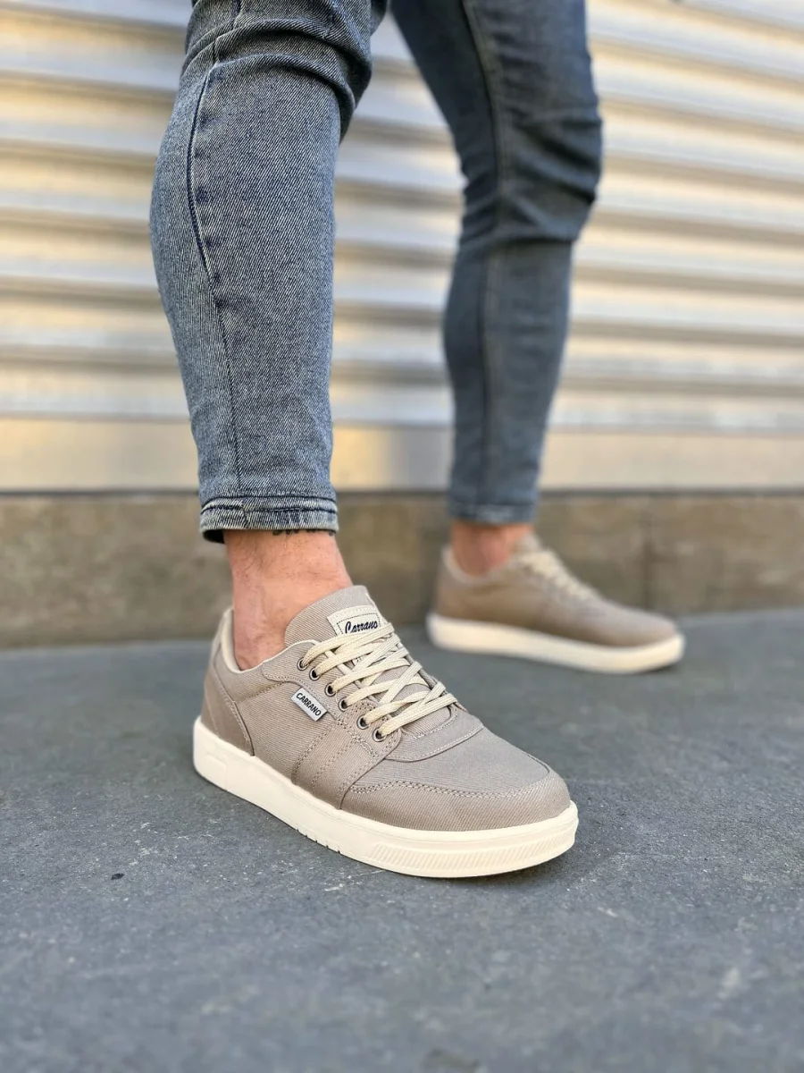 JY0118 REX Bağcıklı Keten Kumaş Erkek Günlük Sneaker Ayakkabı KKT - Bej