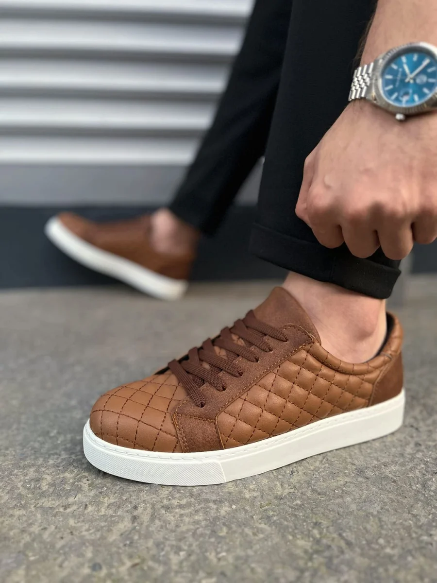 JY166 Prestige Bağcıklı Cilt Kapitone Desenli Erkek Günlük Sneaker Ayakkabı CBT - Taba