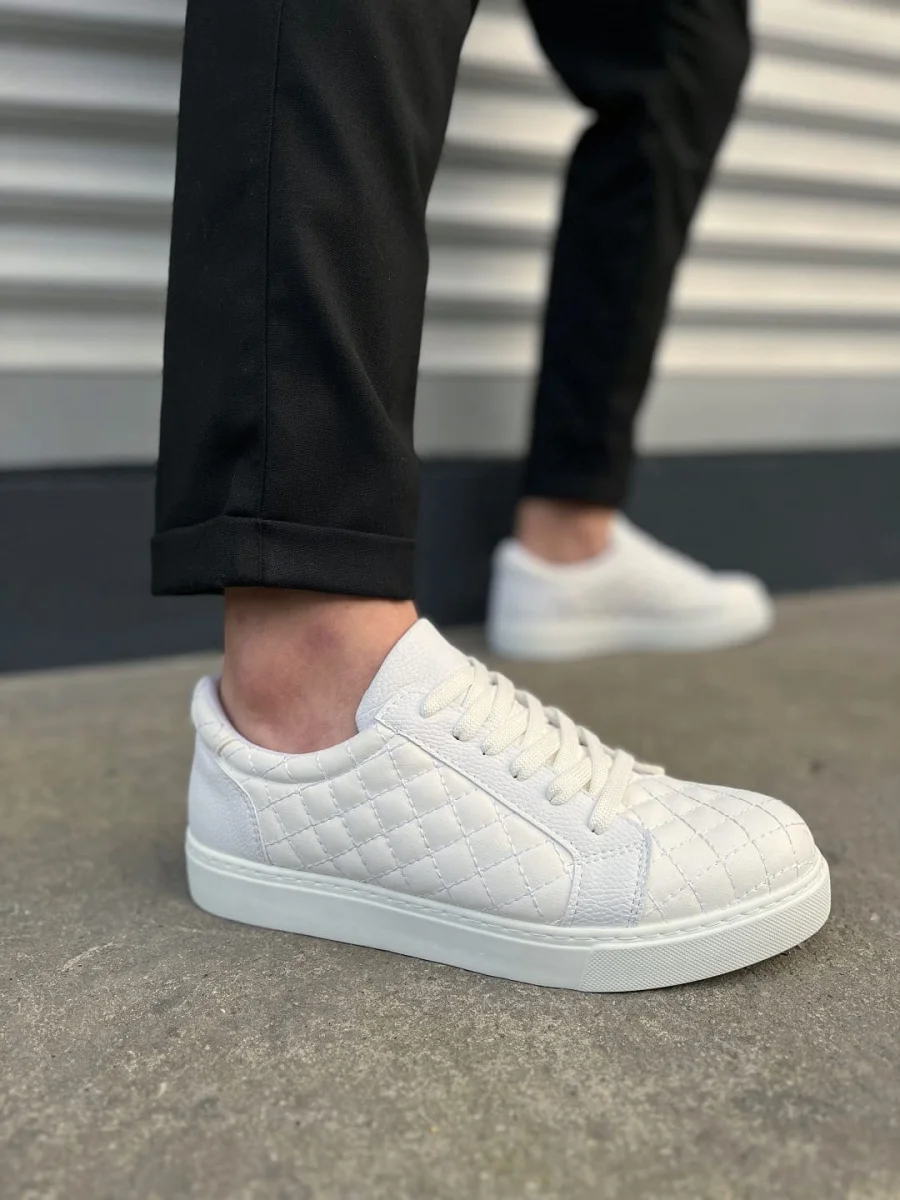 JY166 Prestige Bağcıklı Cilt Kapitone Desenli Erkek Günlük Sneaker Ayakkabı CBT - Beyaz