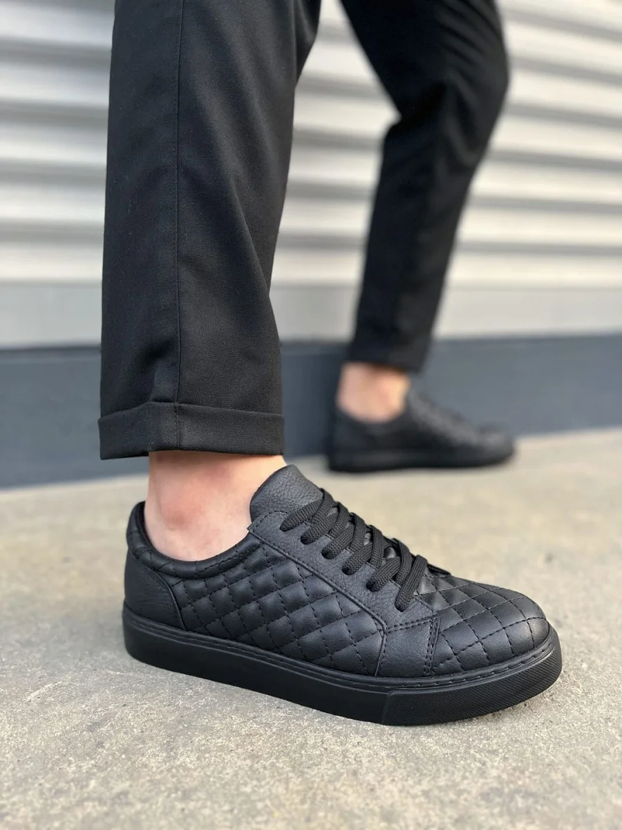JY166 Prestige Bağcıklı Cilt Kapitone Desenli Erkek Günlük Sneaker Ayakkabı CST - Siyah