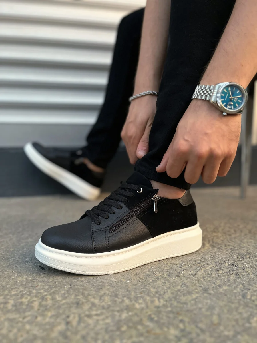 JY155 Warrior Bağcıklı ve Fermuarlı Cilt Süet Erkek Günlük Sneaker Ayakkabı CSBT - Siyah