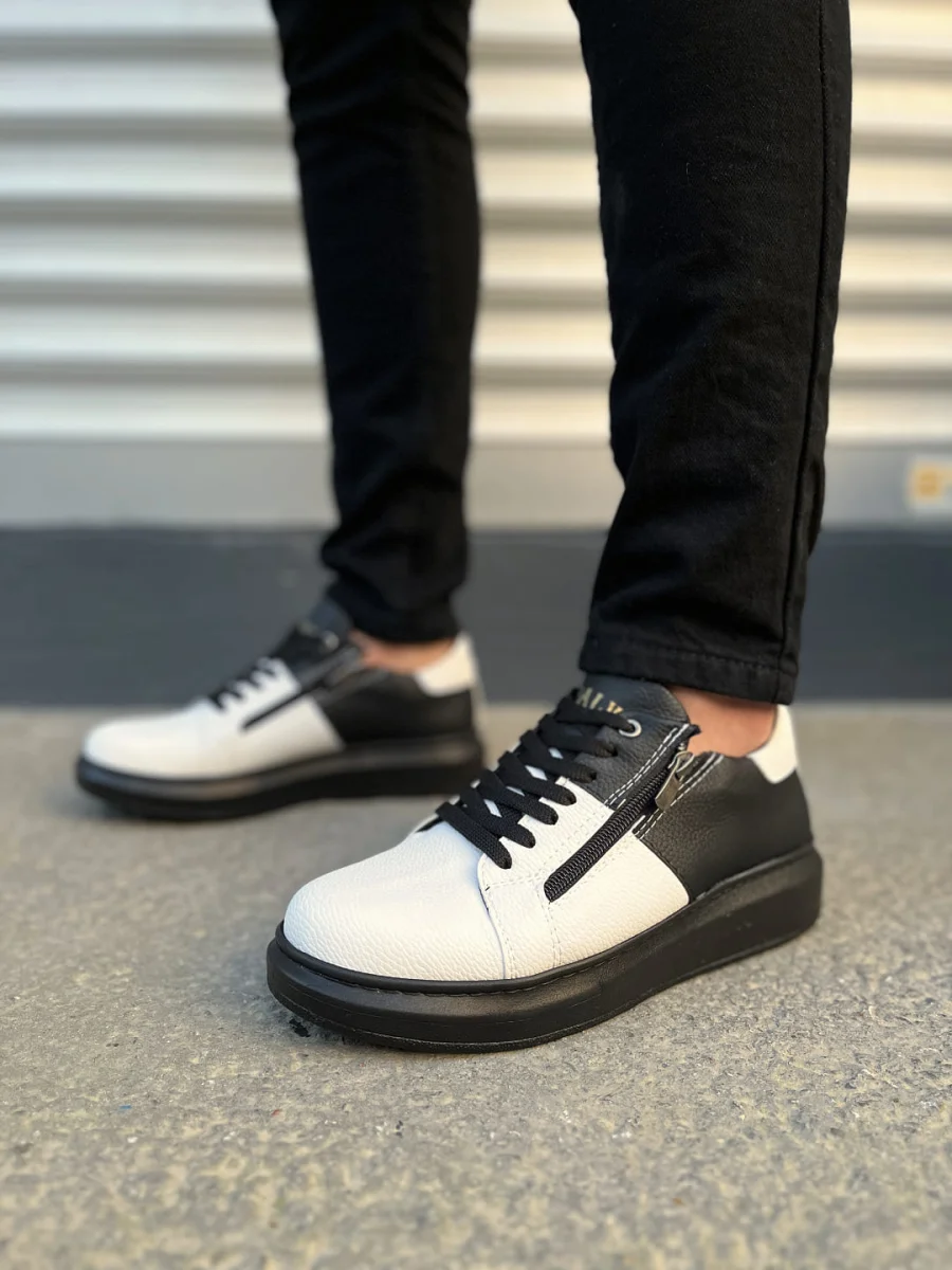 JY155 Warrior Bağcıklı ve Fermuarlı Cilt Erkek Günlük Sneaker Ayakkabı CST - Siyah/Beyaz