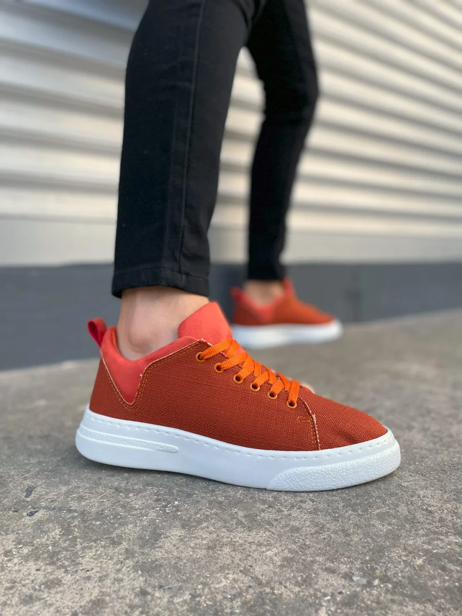 JY204 Flex Bağcıklı Keten Kumaş Erkek Günlük Sneaker Ayakkabı KBT - Turuncu