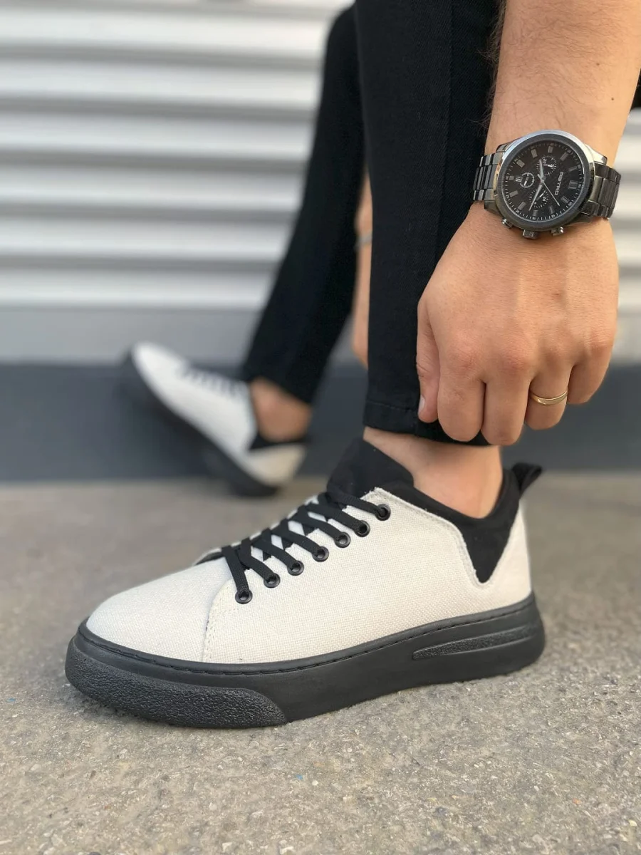 JY204 Flex Bağcıklı Keten Kumaş Erkek Günlük Sneaker Ayakkabı KST - Beyaz/Siyah