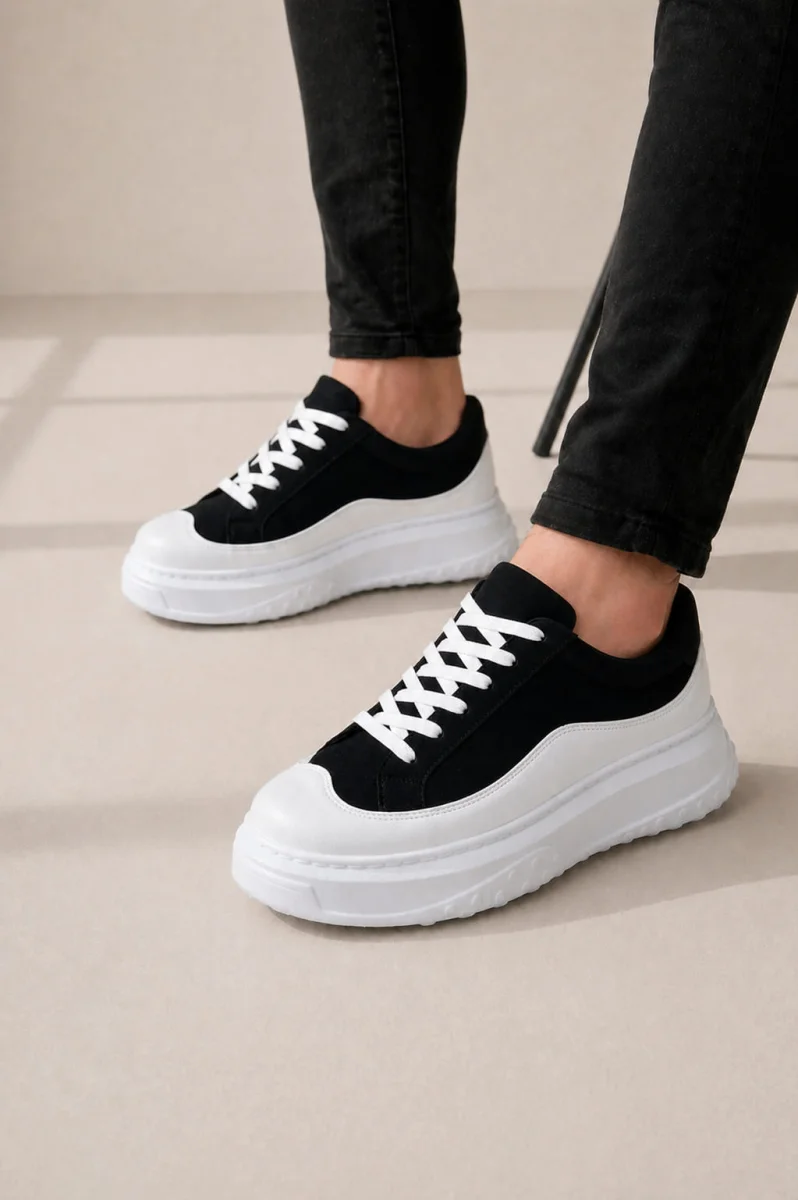 JY507 Dara Bağcıklı Süet Cilt Erkek Günlük Sneaker Ayakkabı SCBT Siyah/Beyaz