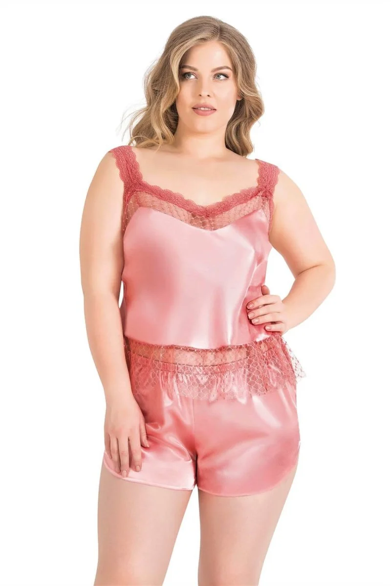 Büyük Beden Mercan Saten Babydoll Şort Takımı