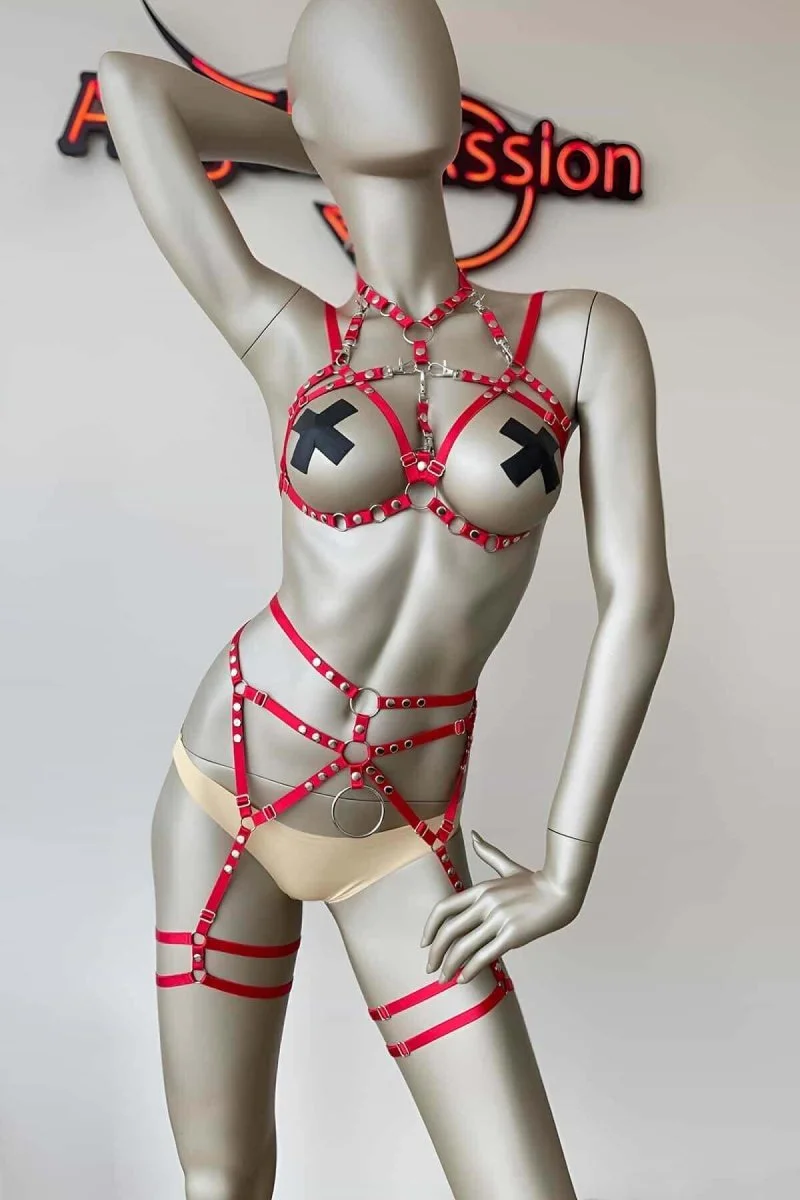 Kırmızı Seksi Elastik Jartiyer Harness Takım