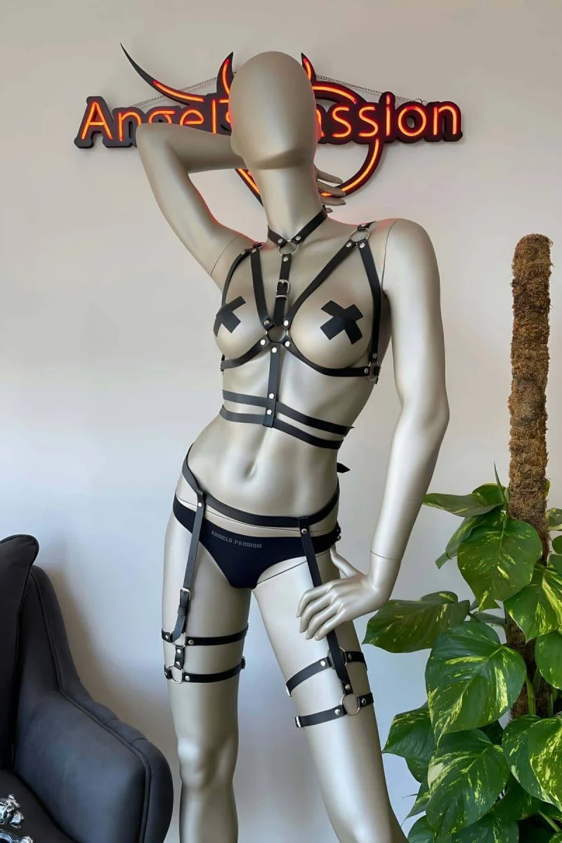 Siyah Deri Fantezi Jartiyer Harness Takım - Brf455