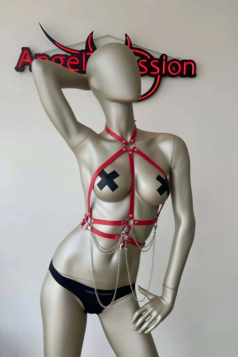 Kırmızı Ve Zincir Detaylı Şık Deri Harness - Brf3