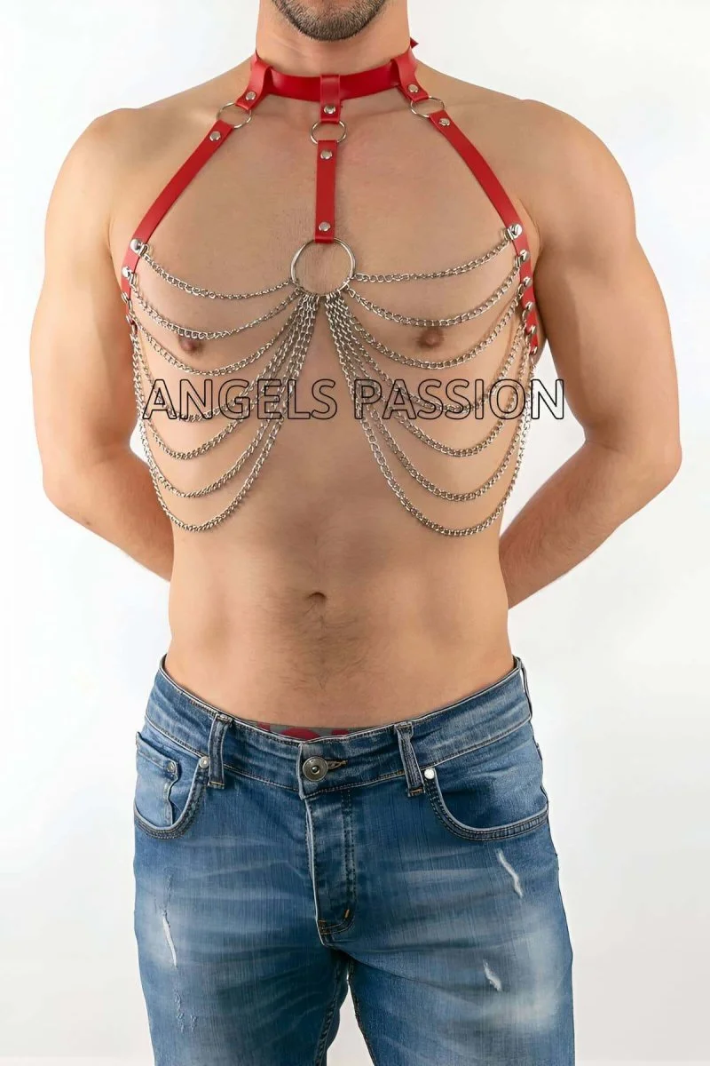 Zincirli Erkek  Deri Göğüs Harness, Zincirli Erkek  Harness - Brfm74-k1