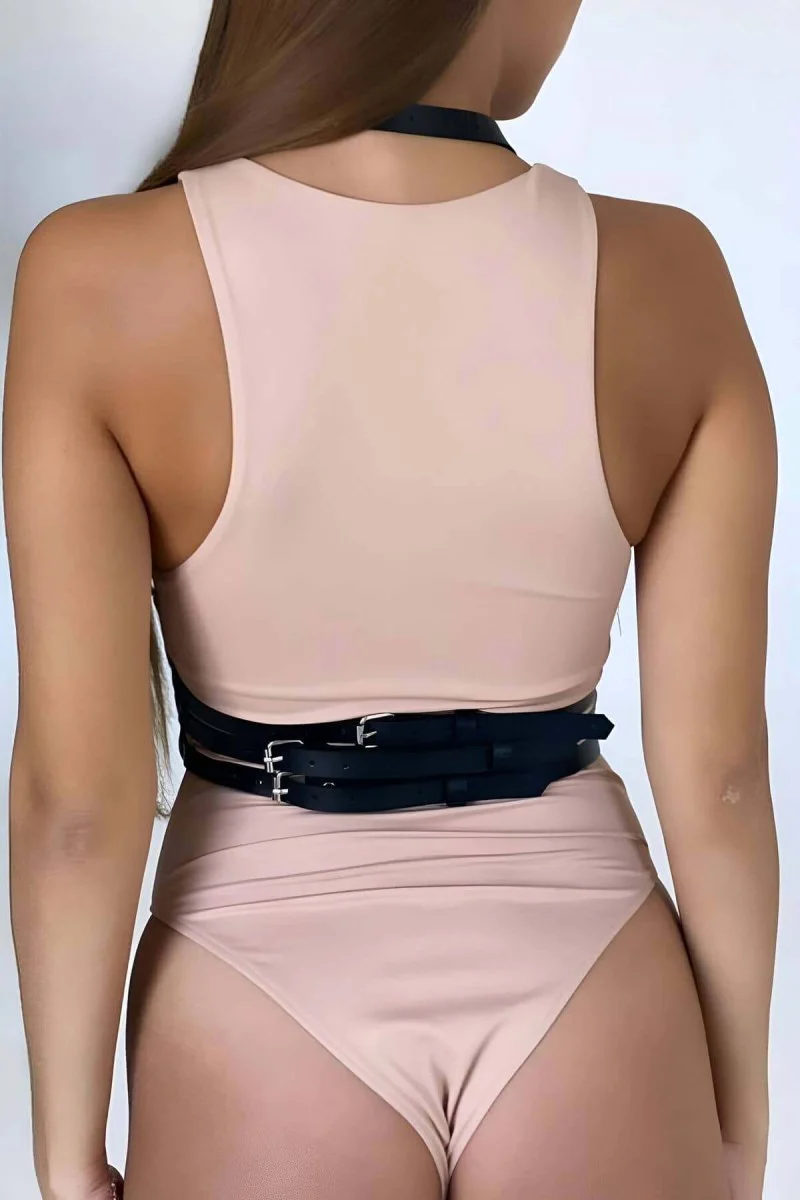 Göğüs Detaylı Boyundan Ve Belden Bağlamalı Fantezi Deri Harness - Brf760
