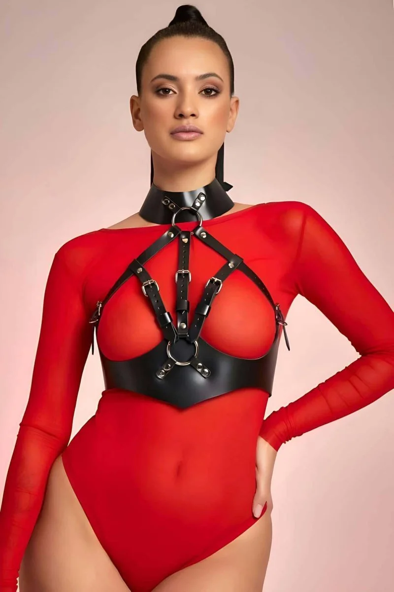 Boyundan Bağlamalı Göğsü Açık Deri Fantazi Sütyen Harness - Brf1286