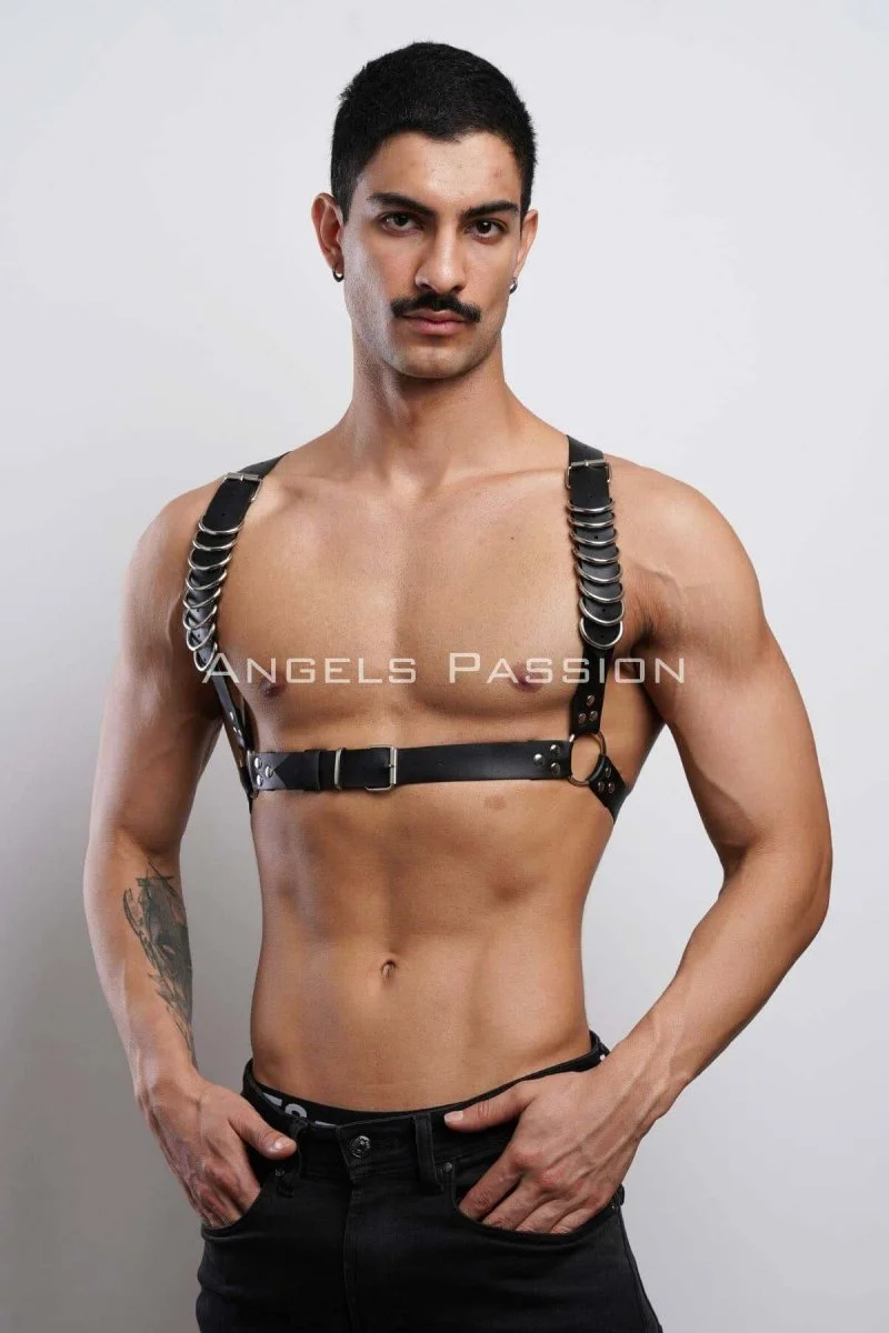 D Halka Detaylı Şık Erkek  Göğüs Harness, Erkek  Deri T-shirt Aksesuar - Brfm92