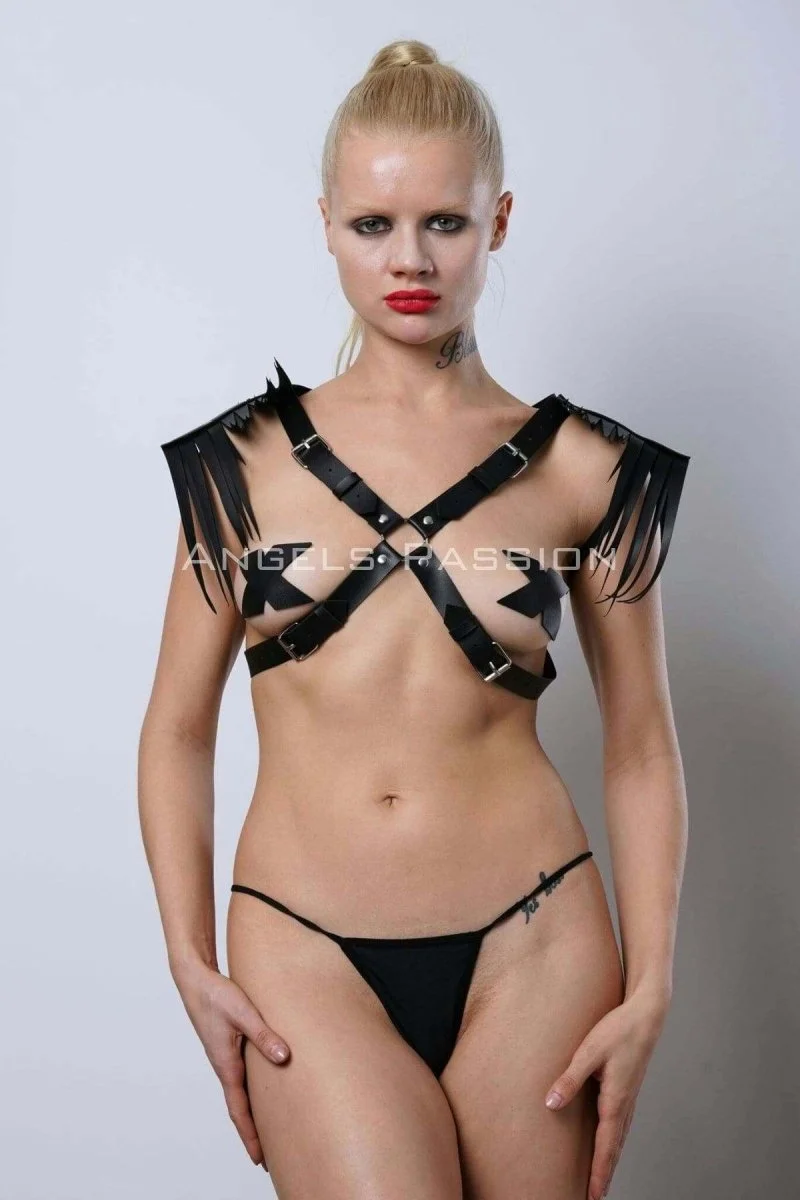 Omuzdan Püsküllü Göğüs Harness, Deri Püsküllü Omuz Harness - Brf1240