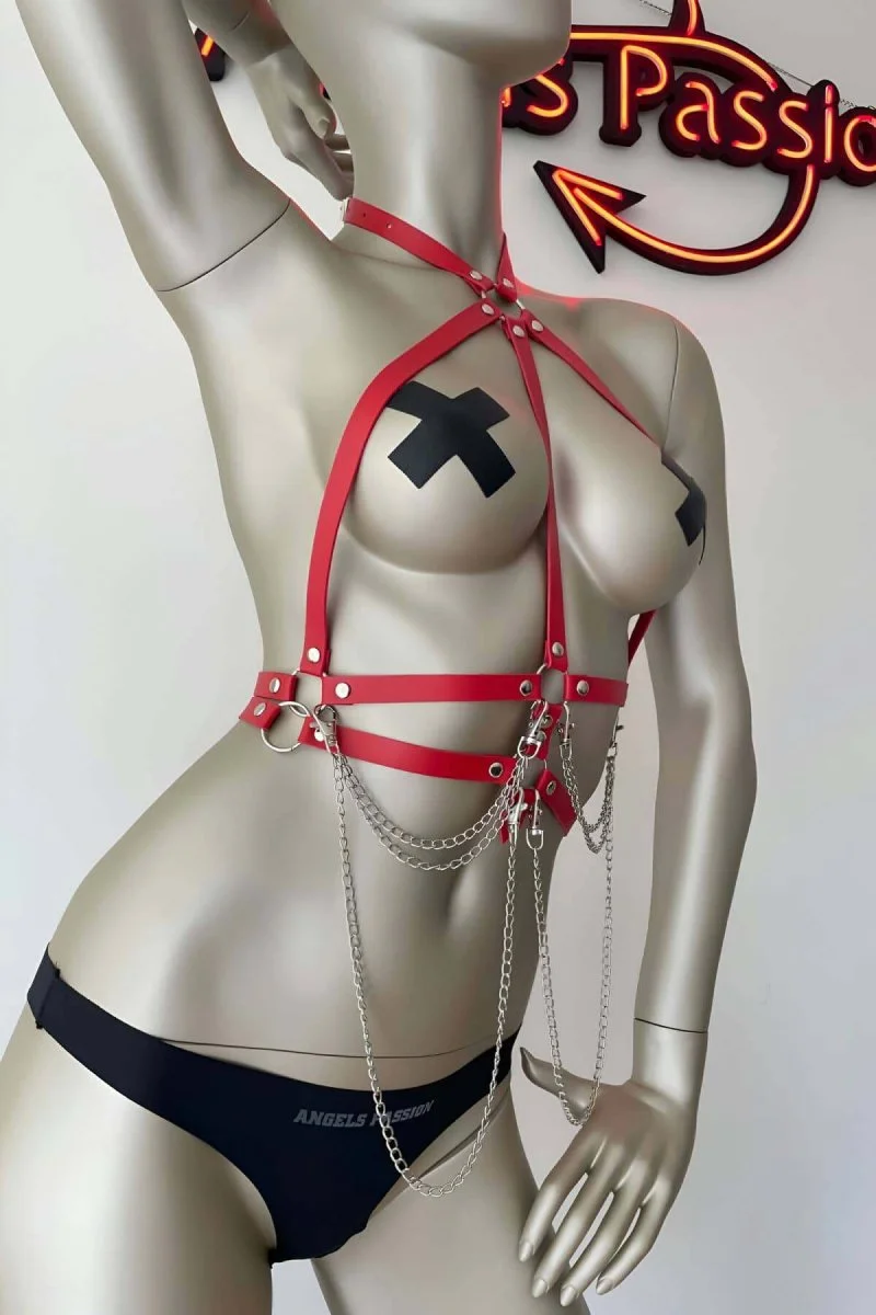 Kırmızı Ve Zincir Detaylı Şık Deri Harness - Brf3