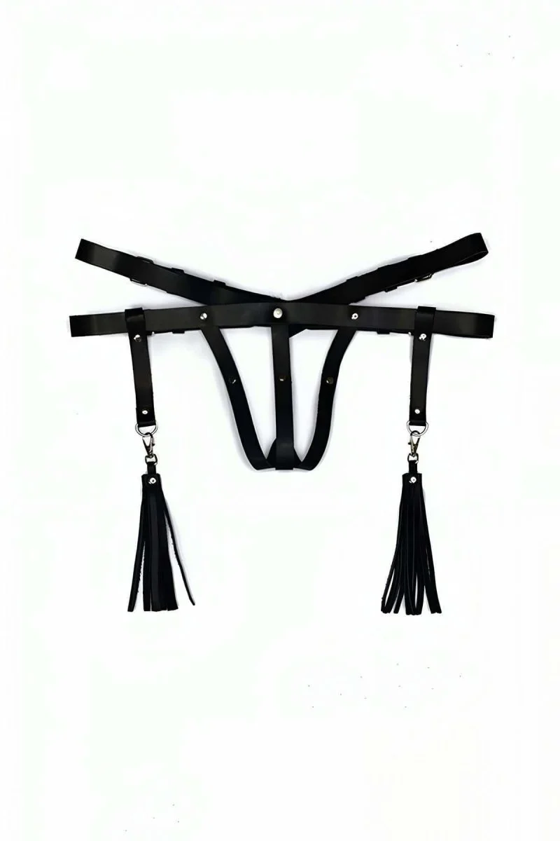 Deri İç Giyim Püsküllü Tanga Harness - Brf439
